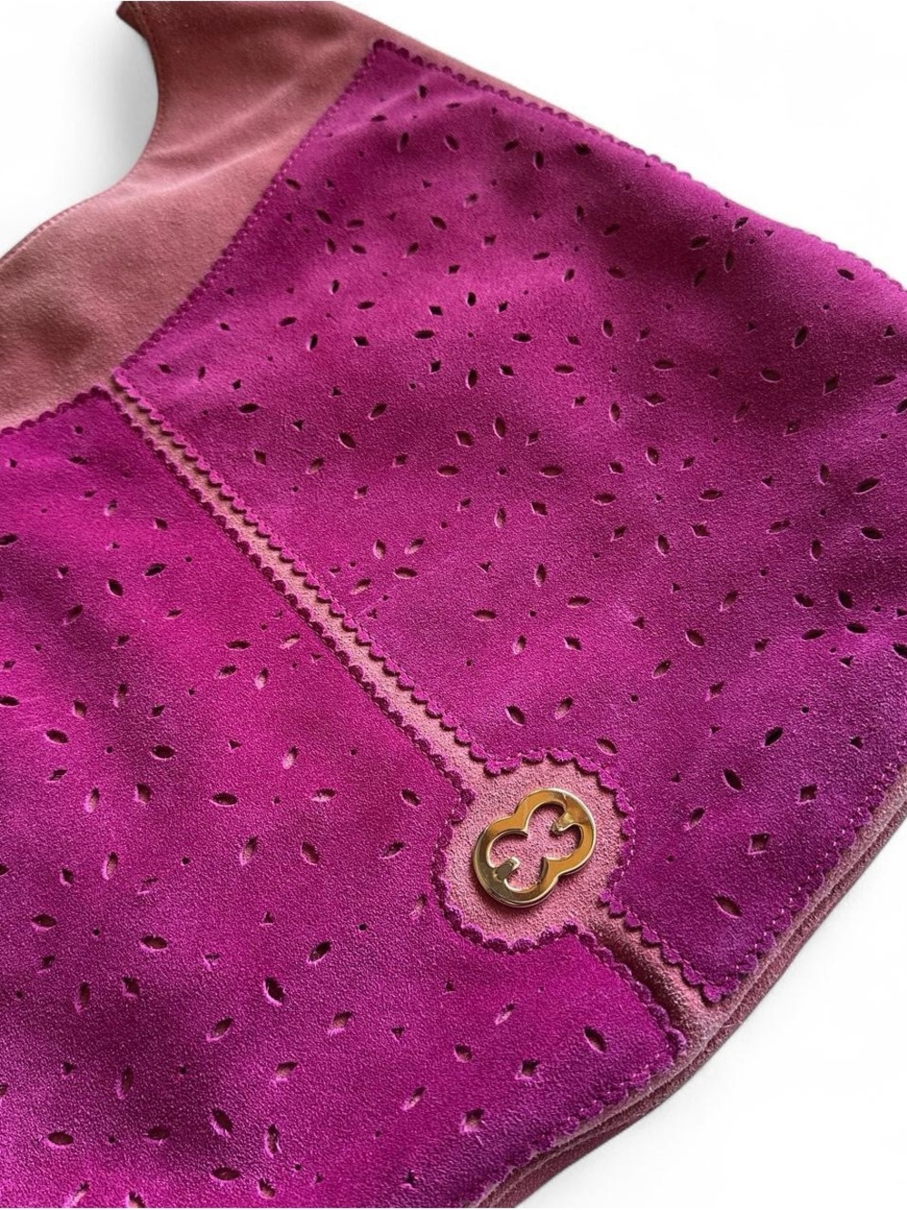 Escada Fuchsia Suede Perforated Hobo with Clover Medallion